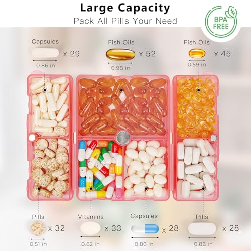 Image of FYY Travel Pill Organizer, 7 Compartments Large Pill Box Case-Clear Red