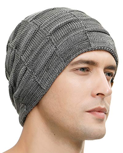 Vgogfly Slouchy Beanie For Men Winter Hats For Guys Cool Beanies Mens Lined Knit Warm Thick Skully Stocking Binie Hat Black/Dark Grey #TOP3