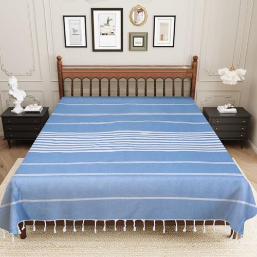 Image of Handmade Double Bedsheet 210 TC | Without Pillow Cover | Handloom Cotton Bedsheets for Double Bed | Double Bedsheet for Summer (Size 90X100 Inches, 7.5 x 8.3 Feet (Rock Blue, King Size)