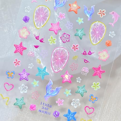 Image of Beach Nail Stickers Starfish Nail Art Stickers Lemon Flower with Design 5D Embossed Nails Decals Self Adhesive Nails Charms Supplies for Women DIY Decoration Accessories