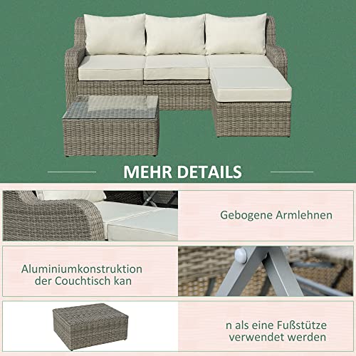 Outsunny 3-TLG. Polyrattan Gartenmöbel Set Gartengarnitur Garten-Set Sitzgruppe Loungeset Loungemöbel mit Beistelltisch Kissen Aluminium Hellgrau+Beige – Bild 7
