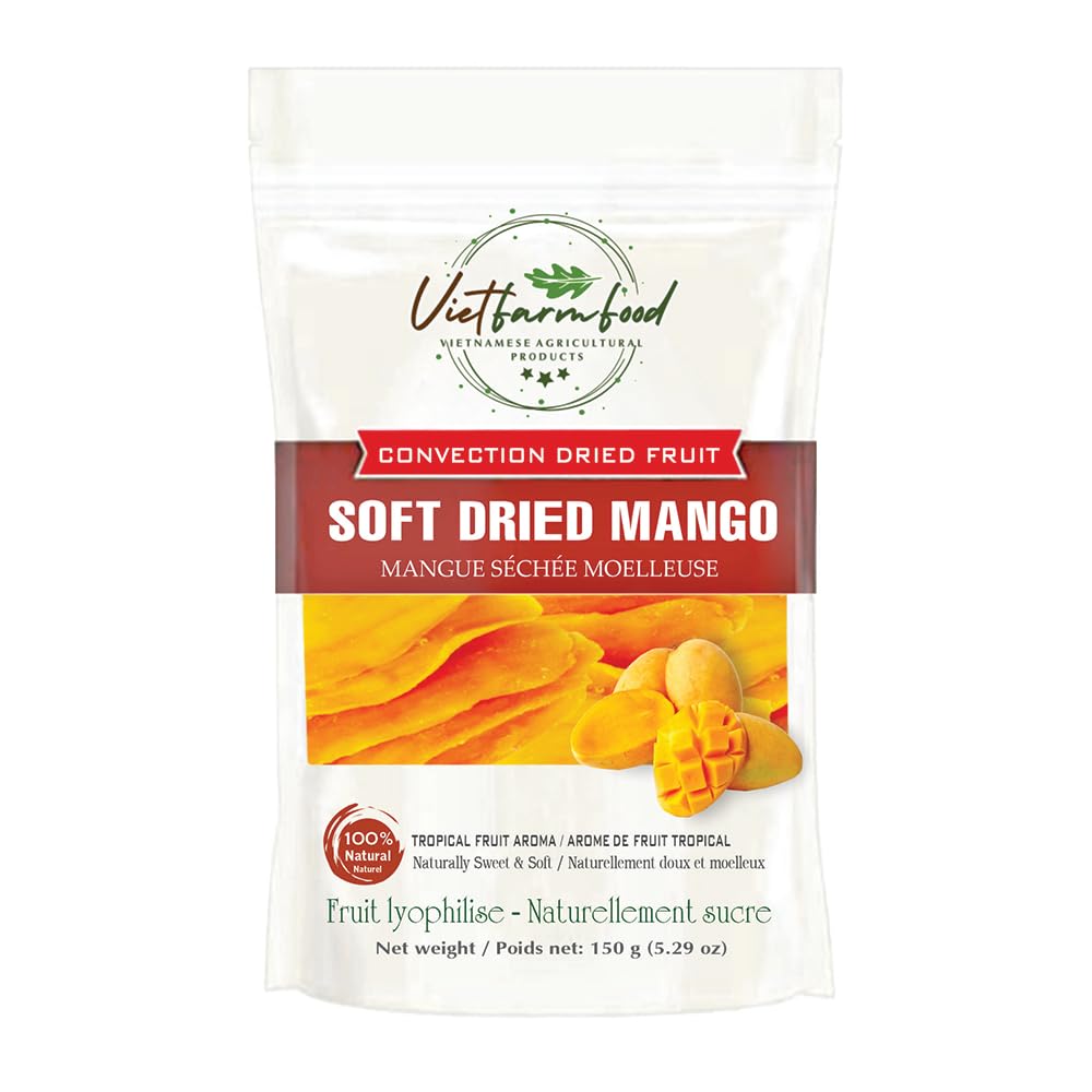 SOFT DRIED MANGO 5.29oz (150g) VIETFARMFOOD: Convection dried fruit with a little sugar, salt, natural sweetness, soft when chewed. Suitable for snack