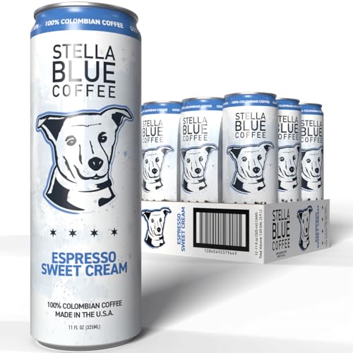 Stella Blue Espresso Sweet Cream Latte Cans, Ready-to-Drink Coffee Energy Beverage, 100% Colombian Coffee, 190mg Natural Caffeine, Gluten Free & Good Source of Protein, 11oz Can, 12 Pack