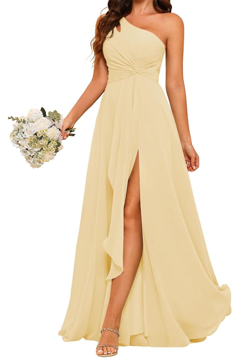Yiann Women's Yellow One Shoulder Bridesmaid Dresses For With Slit Ruched Long Chiffon Formal Dress Party Gown Uk12
