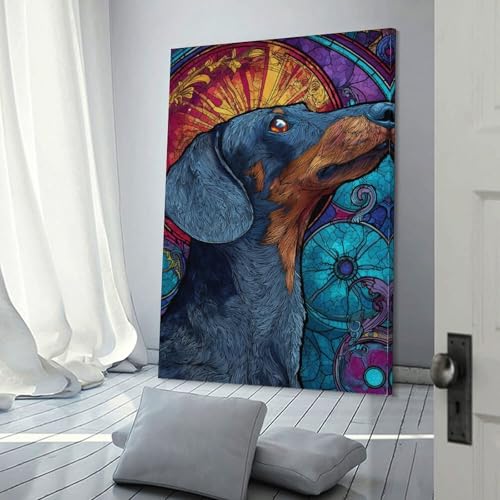 Tableau en vitrail teckel POLIUAWS toile déco 60x90 cm pour chambre et bureau
