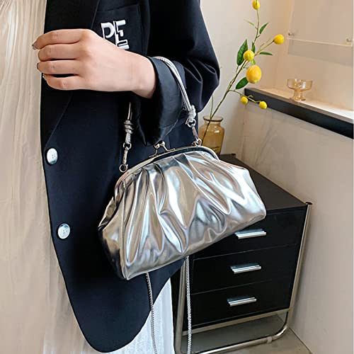 Oichy Leather Evening Bag Pleated Clutch Purses Top Handle Shoulder Bags Kiss Lock Handbags (Silver) #TOP5