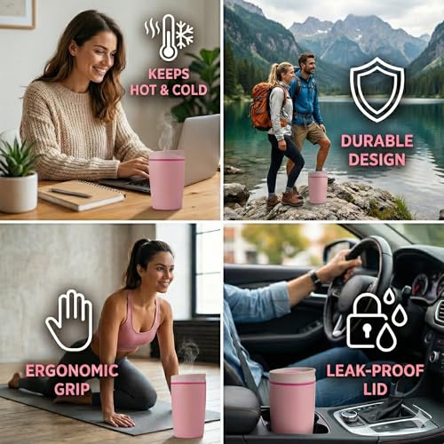 Image of EasySip Slider Insulated Stainless Steel Coffee Tumbler, Reusable Hot & Iced Coffee Travel Mug, Leak-Proof BPA-Free Cup (Pink, 12 oz)
