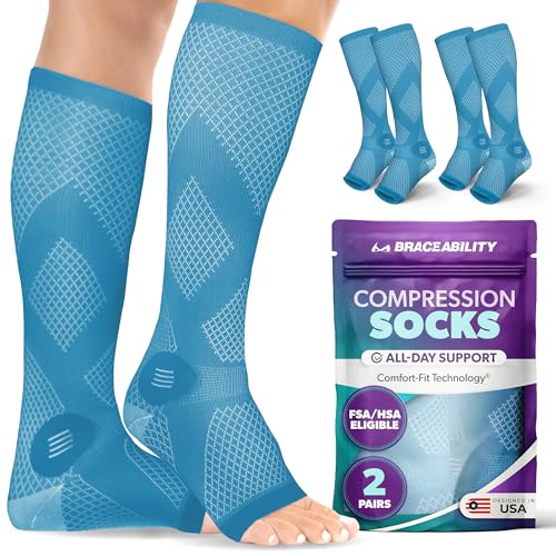 Image of BraceAbility Compression Socks for Women or Men - 20-30 mmHg Knee High Medical Stockings, Support Hose for Circulation, Varicose Veins, Pregnancy, Nurses, Flying, Restless Legs (Teal - Open Toe - 2 Pairs, Medium)
