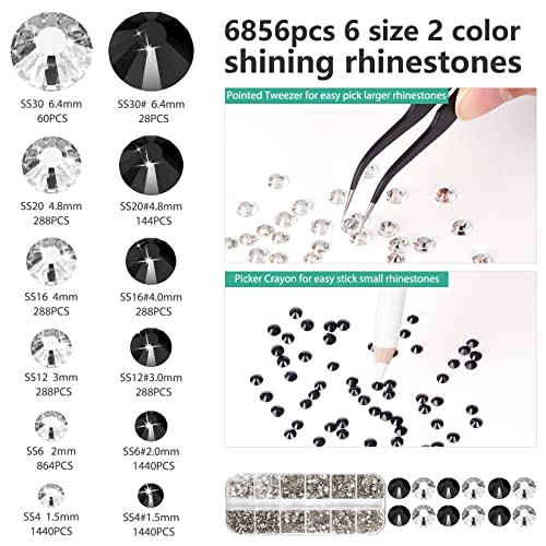 6856Pcs Round Rhinestones&B-7000 Adhesive Glue Kits With Black-White Clear Flatback Crystal Rhinestone Picker Tool Wax Pencil For Rhinestones For Crafts Clothes Jewelry Making Face Gems #TOP2