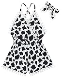 UNICOMIDEA Toddler Summer Clothes 12-18 Months Romper White and Black Cow Sling Outfit for Baby Girls Fashion Adjustable Birthday Jumpsuit Infant Girls First Playsuit with Headband