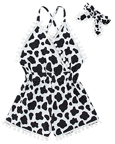 UNICOMIDEA Toddler Summer Clothes 12-18 Months Romper White and Black Cow Sling Outfit for Baby Girls Fashion Adjustable Birthday Jumpsuit Infant Girls First Playsuit with Headband