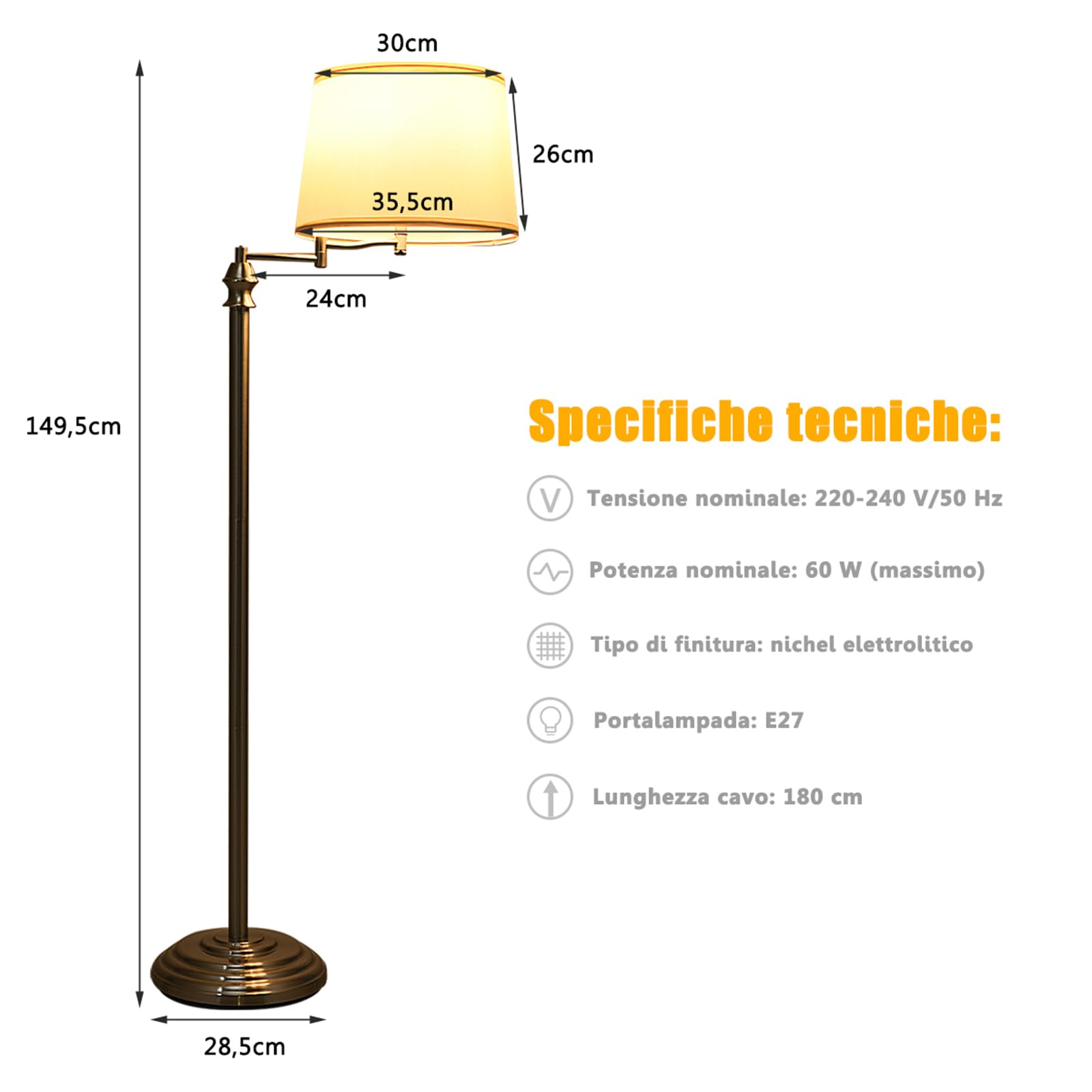 COSTWAY Lampada da Terra Design e Vintage, Lampada a Stelo da Terra con Braccio Girevole, Ideale per Soggiorno, Camera da Letto e Studio, Argento