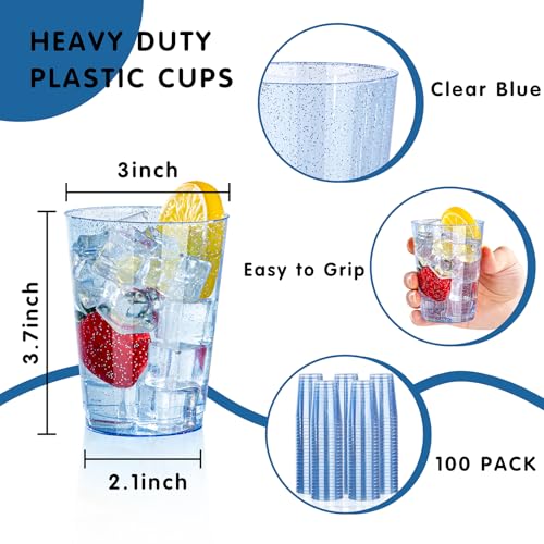 Image of DaYammi 100 Pack Blue Plastic Cups 10 oz Disposable Cups Tumblers, Elegant Blue Glitter Party Drinking Cup Perfect for Wedding, Fancy Disposable Cup Plastic Cocktail Glasses Wine Glasses for Party