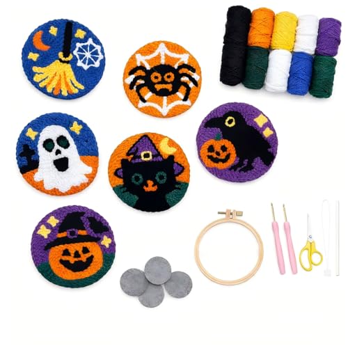 Image of Halloween Punch Needl Kit for Adults Beginners, Easy Embroidery Punch Coaster Starter Set with Instruction - Fun Needle Point Craft for Table Decor & Festival DIY Gifts (6pcs Spooky)