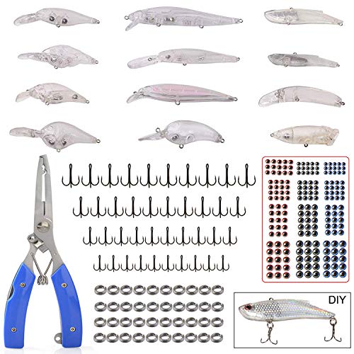 Unpainted Fishing Lures Making Kit, 276pcs DIY Blank Fishing Lures Crankbait Minnow Jerkbait Wobble Hard Bait Set with Treble Hooks Fishing Lure Eyes Fishing Tackle Kit
