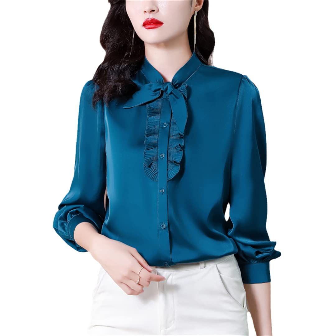 Blusa de satén de Seda con Cuello de Lazo en la Parte Delantera con Volantes para Mujer Camisas de Oficina de Manga Larga de Primavera para Mujer Pic-4 L