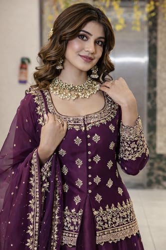Image of Suppar Sleave Women's Chanderi Silk Embroidered Kurta Set with Lehenga Style Bottom & Dupatta | Bollywood Style Embroidery lehenga Choli Set For Woman