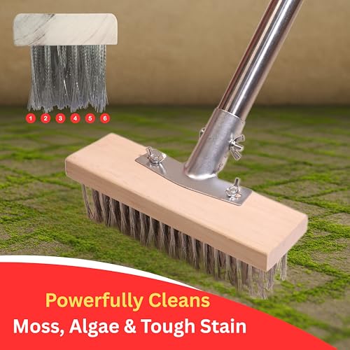 Image of Stainless Steel Wire Heavy Duty Hard Floor Brush 20cm Durable Metal Wooden Brush with 70 inch Long Stainless Steel Pole for Bathroom,Swimming Pool,Terrace,Garden,Block,Moss,Stains Cleaning