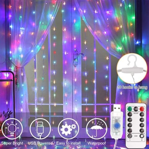 Image of IMNISHNAY Multicolor Curtain Fairy Lights with Remote & USB | Decorative LED String Lights for Home, Festivals, Party & Christmas
