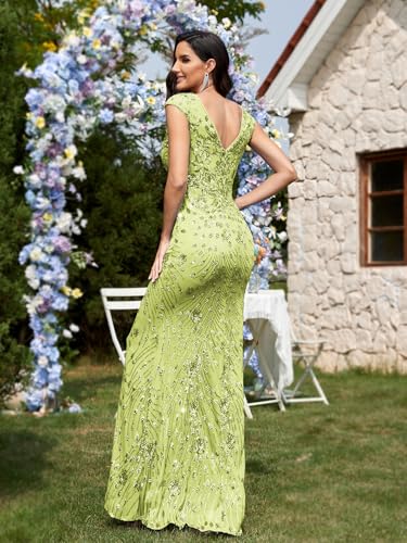 Image of Womens Sequined Long Evening Gown Glamous Sleeveless V-Neck Mermaid Prom Dress for Wedding Party Club Occasions