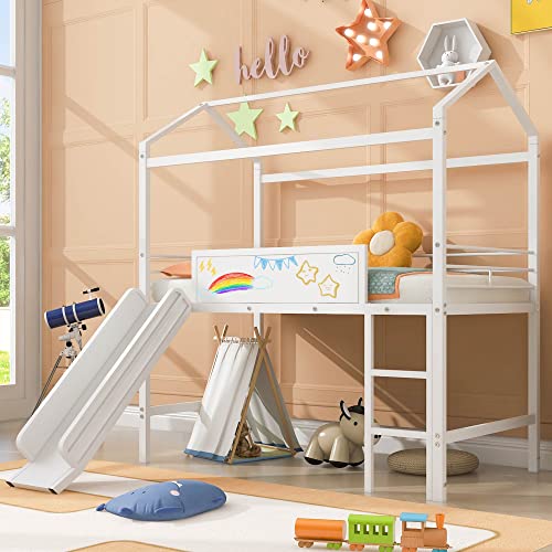 Twin House Loft Bed with Slide and Roof, Metal House Bed with Slide, Modern Style Heavy-Duty Steel Frame Loft Bed with Safety Rail, Built-in Ladder for Bedroom Dorm Boys Girls (Twin Size, White)