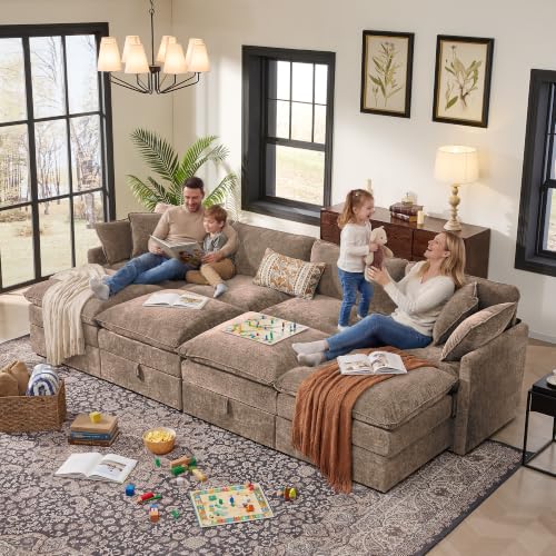 Image of Ihanherry 135 inch Oversized Sectional Sofa Bed with Storage, 8-Seater Modular Cloud Couch with Movable Ottomans, Chenille Deep Seat Sleeper Couches for Living Room (Brown)
