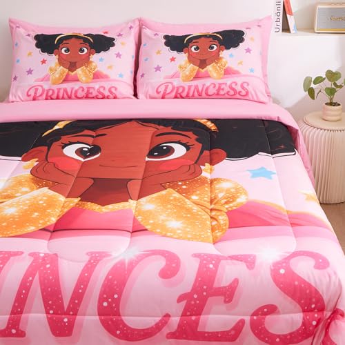 Image of Black Girl Princess Comforter Set for Girls,Pink Gradient Glitter 5pcs Kids Bedding Set Twin,Ultra Soft and Fluffy Bed in a Bag with Comforter Sheets Pillowcase & Sham