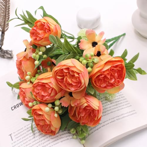 Image of TIED RIBBONS 2 Pcs Artificial Rose Peony Flowers Bunch Sticks for Decoration (Orange) Decorative Items for Home Table Vase Pot Craft Living Room Bedroom Office Restaurant (Without Vase) - Polyester