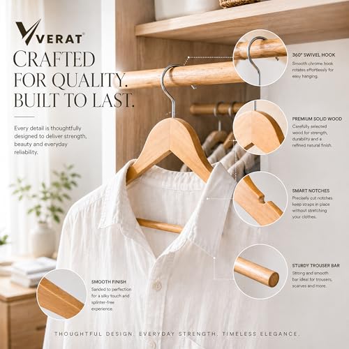 Image of Wooden Clothes Hangers Pack of 10, Natural Solid Wood Coat Hangers with Chrome Swivel Hook, Smooth Finish for Shirts, Suits, Dresses & Jackets, Space Saving Wardrobe Organizer (Light Brown)