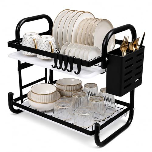 Image of 2 Tier Dish Drying Rack for Kitchen Counter, Dish Drainers for Metal Drying Rack Chopping Board Holder,Knife Holder,Cutlery Basket, Water Drain Tray Dish Racks(SS-10)