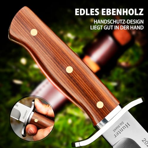 Foto von NedFoss HUNTER Jagdmesser, 11.4CM D2 Stahl Fahrtenmesser 42a konform mit Edler Holzgriff, Scharfe Outdoor Messer mit Holster, 62HRC Bowiemesser in Geschenk-Box für Bushcraft, Angeln, Sammlung