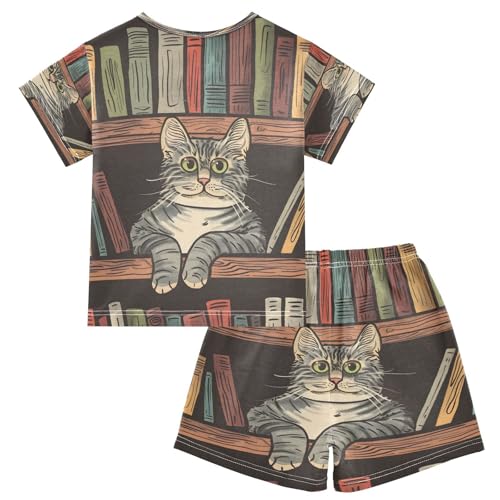 senya Short Sleeve Pajamas Sets Summer Cotton Sleepwear Cat on Bookshelf2