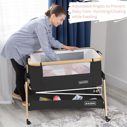 3 in 1 Baby Bassinet with Wheels, Portable Bedside Sleeper for Baby with 7 Adjustable Heights and Foam Mattress, Baby Bedside Crib for Newborns and Infants with Storage Basket, Carry Bag Included - Thumbnail 5