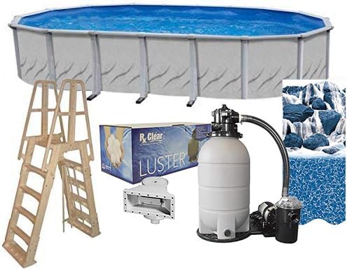 Galeria 18 ft x 33 ft Oval Above Ground Swimming Pool Kit | 52 Inch Steel Walls | Bundle Includes: 25 Gauge Liner, A-Frame Ladder, Sand Filter System with Pump & Skimmer
