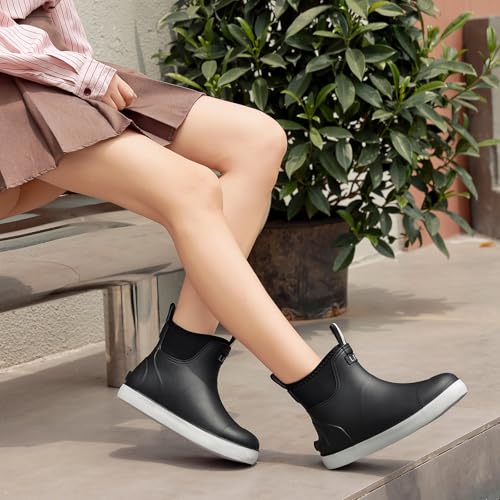 Image of Women's Deck Boots, Rubber Rain Boots Chelsea Ankle Booties with Anti-Slip Sole Waterproof Fishing Shoes for Outdoor Work Garden Camping