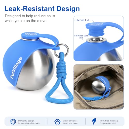 Image of 2-in-1 Dog Water Bottle with Foldable Bowl, Portable Leak-Proof Pet Travel Water Dispenser, Stainless Steel Dog Hydration Bottle for Walking, Hiking, Small Dogs & Puppies, Blue 10oz