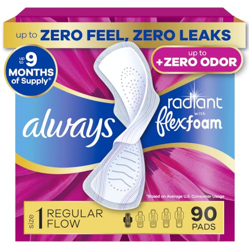 Always Radiant Feminine Pads for Women, Flexfoam Pads with Wings, Size 1, Regular Absorbency, Lightly Scented, 90 Count (3 Packs of 30)
