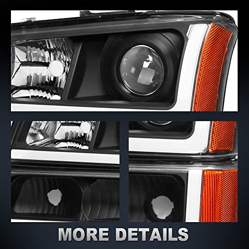 Mostplus Projector Headlight Assembly Compatible With 2003-2006 Chevy Silverado/Avalanche 1500/2500 Front Lamp With Led Drl/Pre-Installed Halogen H7 Bulb-Black Housing/Clear Lens/Amber Reflector #TOP5