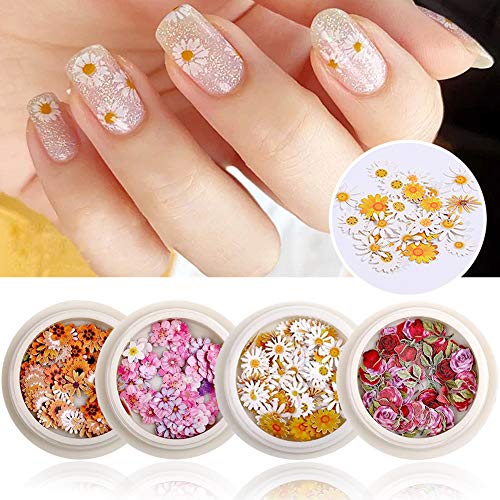 3D Flower Nail Art Stickers Decals Nail Art Supplies Daisy Sunflower Sakura Rose Flower Wood Pulp Chips Design Nail Decals Sequin for Nail Art Decorations for Acrylic Nails Manicure Decor 4 Boxes