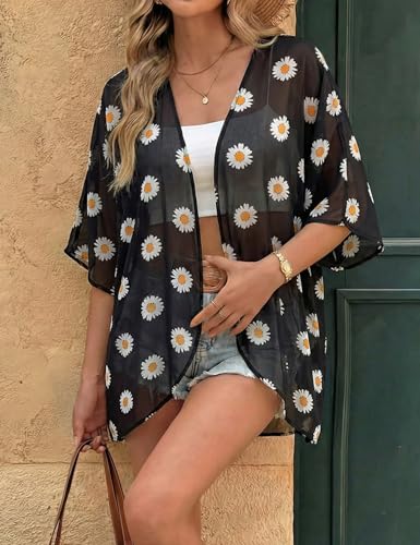 Image of Chunoy Women Floral Beach Wear Cover Up Chiffon Kimono Cardigan Open Front Blouse Top