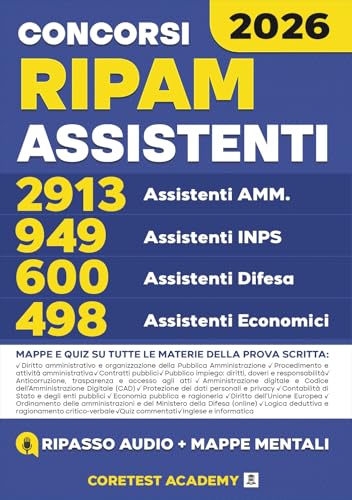 Concorso RIPAM Assistenti 2026: Preparazione completa per chi lavora (3997 incl. INPS + 1100 Difesa, 600 Amm.) - Metodo 60–90 min/giorno | Schemi | Quiz commentati | Ripasso audio + mappe mentali