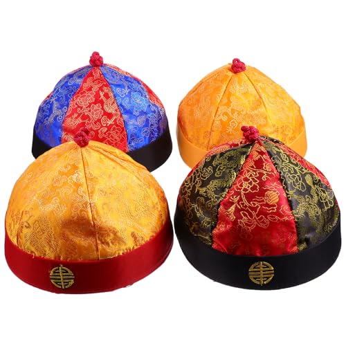 BCOATH Lot de 4 Chapeaux d'Empereur Chinois Qing pour Garçon et Filles N°7 avec Tresses Chapeaux de Costume Traditionnels en Tissu Solide Accessoires de Déguisement...