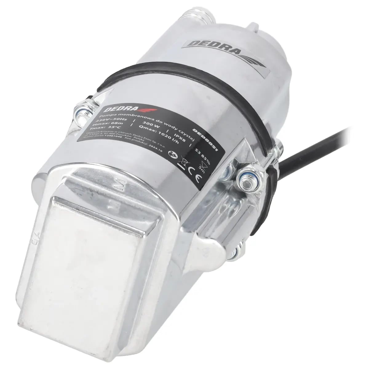 Dedra DED8851 – pompa membranowa zanurzeniowa 300 W, wydajność 1020 l/h, wysokość podnoszenia 68 m, przewód 10 m, do czystej wody, aluminiowa obudowa – komplet
