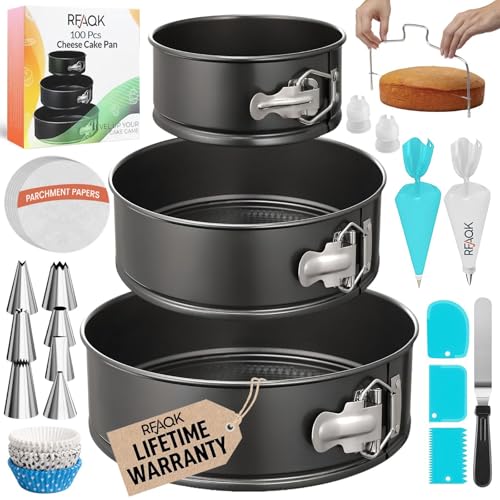 RFAQK Cake Tins for Baking 100 Pcs Springform Cake Tins Kit Includes 3 Round Non-Stick Cake Pan...