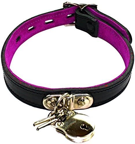 Slap Leather Small Neck Collar with Padlock in Black Leather with Hot Pink Suede Lining