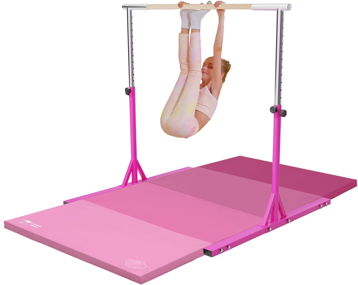Kangaroo Hoppers Gymnastics Bar Set for Home Gym Exercise, 4×8 FT Gymnastics Mat and Octagon Tumble or Incline Wedge Cheese Mat for Kids Tumbling, Skill Training