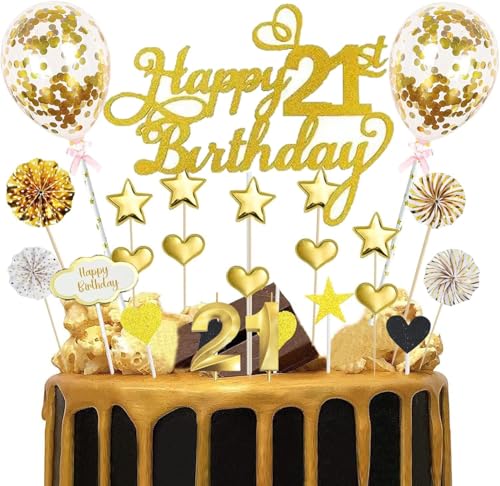 Happy Birthday Cake Topper 21th 20 Pieces Cake Decoration Gold Decoration 21th Birthday 21th Cake Topper with Birthday Candles for 21th Birthday Decoration Cake Decoration