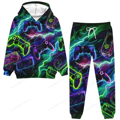 Belovecol Big Boys 2 Pieces Hoodie Pant Set 3D Print Hooded Sweatshirt Jogger Suits Fashion Print Pattern Casual Daily Wear, Colorful Gaming Console, 11-12 Years