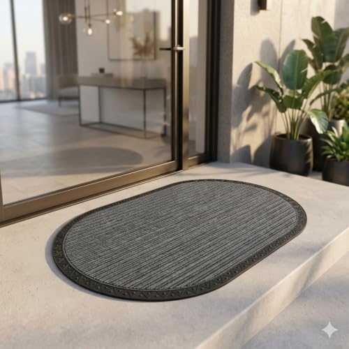 Image of Heavy Duty Front Door Mat 45 x 75 cm, Outdoor Indoor Welcome Mat, Non Slip Dirt Trapper Entrance Rug for Entryway, Patio & Porch,Washable Low Profile Foot Mat (Grey Oval 2 x 3.5 feet)