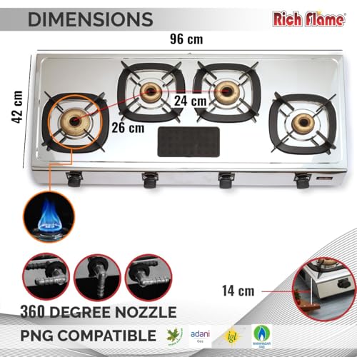 Rich Flame Gas Stove 4 Burners Steel Body | ISI Certified 4 Burner Stoves | Home & Kitchen Gas Chulha LPG & PNG Compatible | Manual Ignition... - Image 3